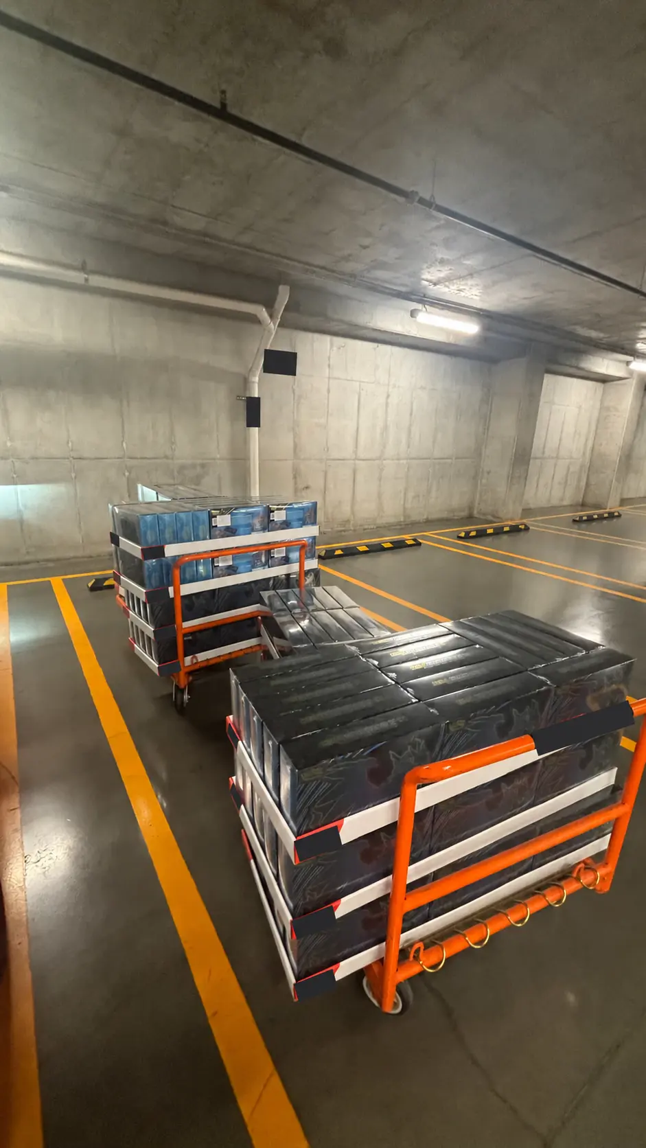 Wrapped sealed products on stock carts, with Spanish signs concealed