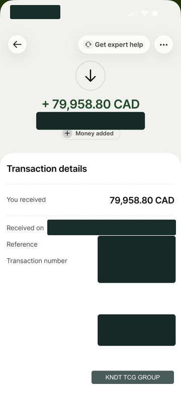 Redacted historical Wise transfer: 79,958.80 CAD