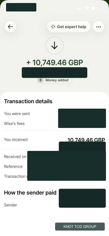 Redacted historical Wise transfer: 10,749.46 GBP