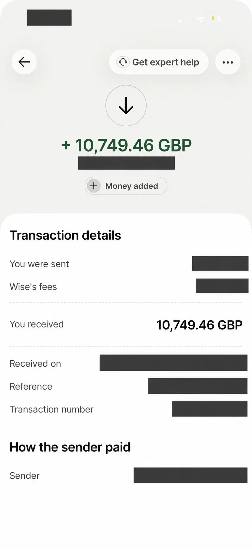 redacted Wise transfer of 10,749.46 GBP