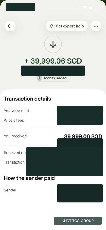 redacted Wise transfer of 39,999.06 SGD
