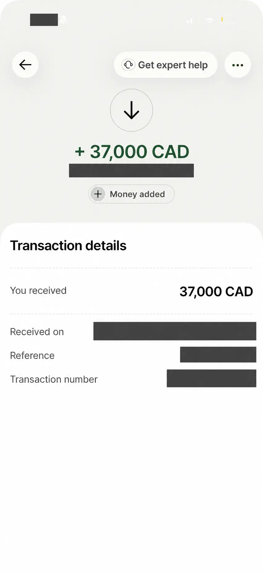 Wise receipt showing 37,000 CAD; sender, date, fees, reference and transaction number concealed