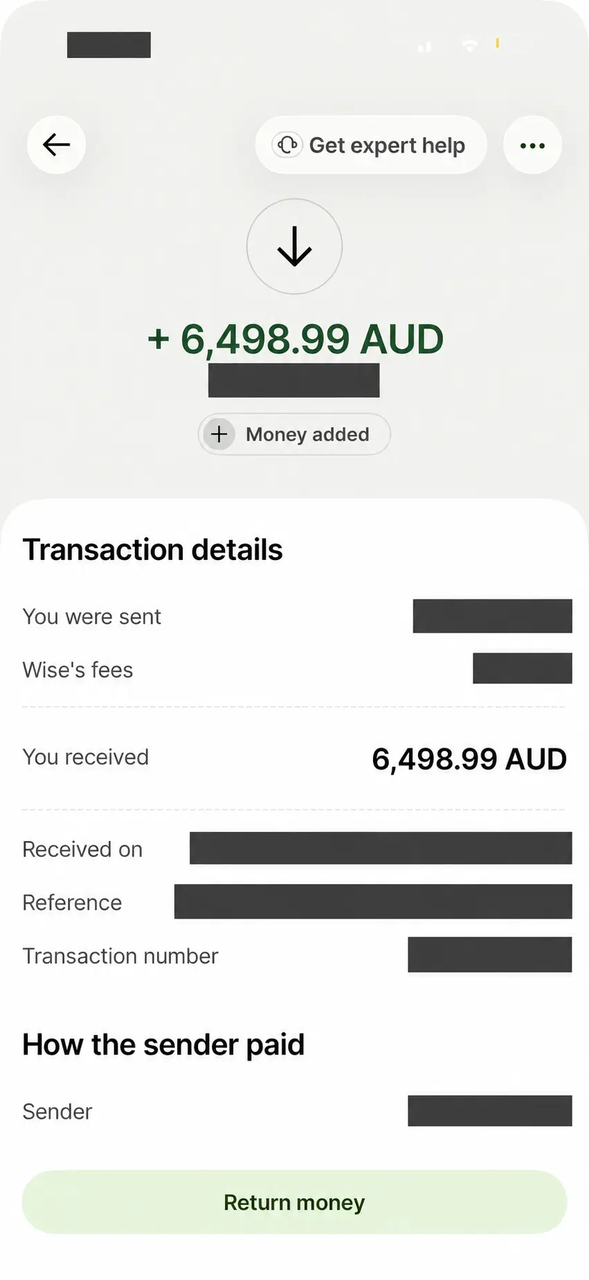 Wise receipt showing 6,498.99 AUD; sender, date, fees, reference and transaction number concealed